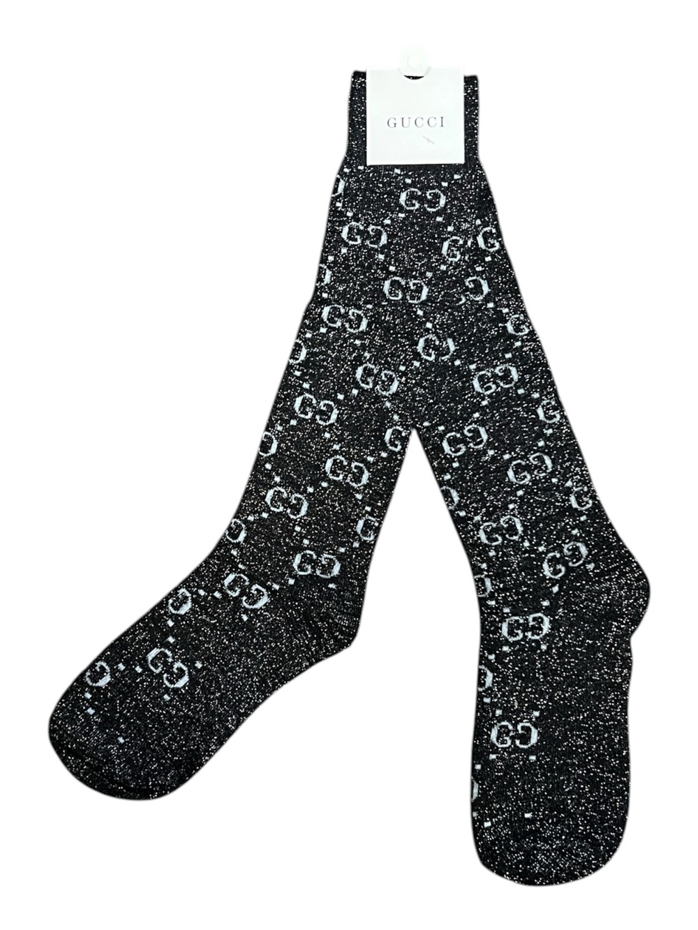 New With Tags Gucci. Black and Grey Lame Sparkle Knee Hight Socks